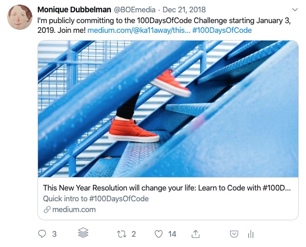 Public commitment to 100 Days of Code on Twitter