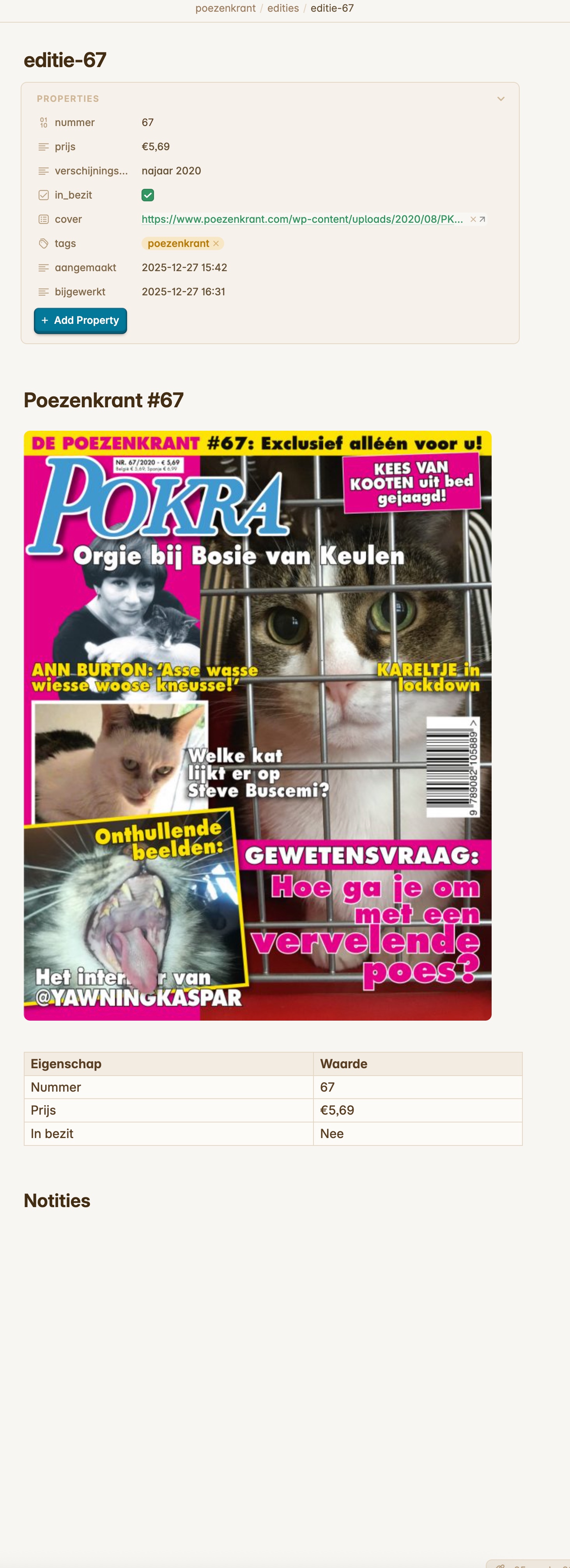 Obsidian editiepagina van Poezenkrant nummer 67, met properties bovenaan en daaronder de cover met headlines als &lsquo;Welke kat lijkt er op Steve Buscemi?&rsquo;