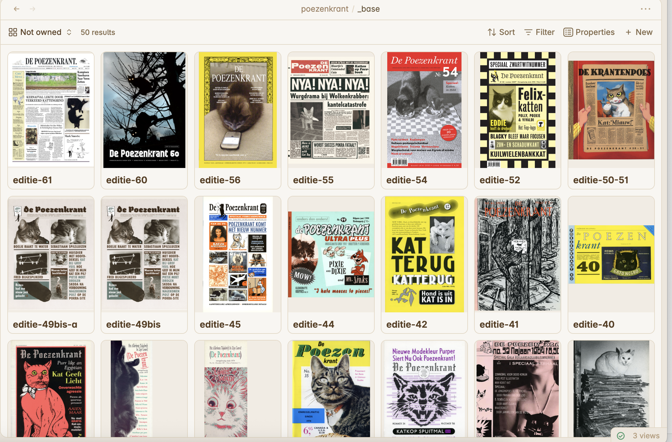 Obsidian card view met 50 Poezenkrant covers die we nog missen, kleinere kaartjes in een grid