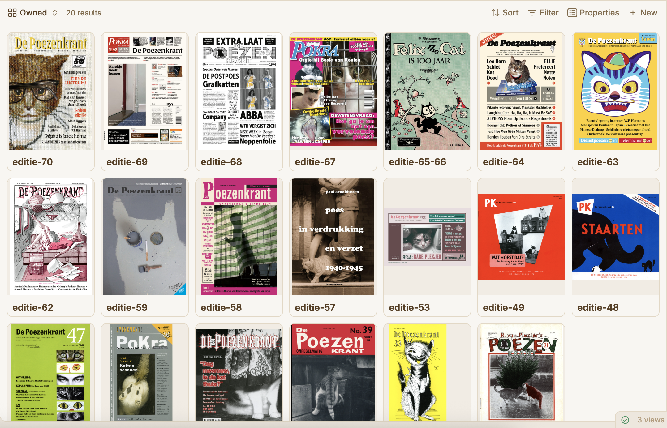 Obsidian card view met 20 Poezenkrant covers die we in bezit hebben, getoond als visuele kaartjes